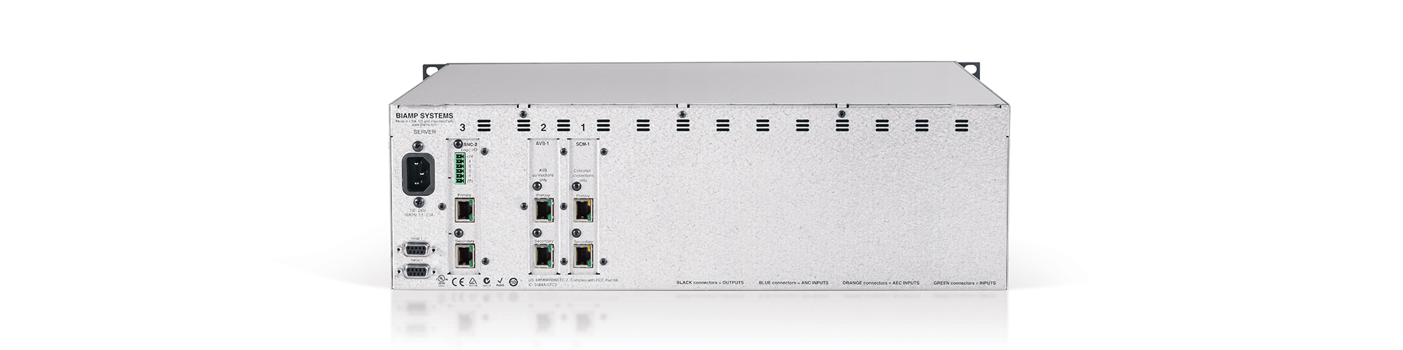 Servidor de red digital, hasta 8 Tarjetas DSP-2, 420 x 420 canales de entrada/salida por tarjeta AVB-1
